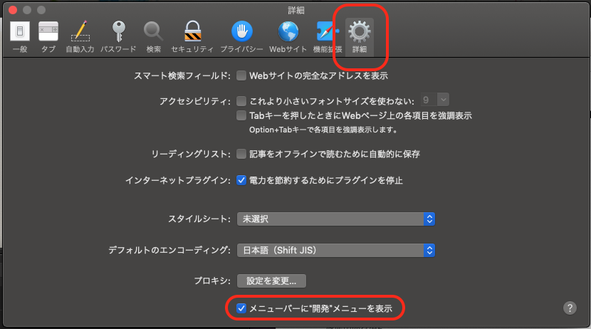 2. 「詳細設定」から「メニューバーに"開発"メニューを表示」をチェック 2. 「詳細設定」から「メニューバーに"開発"メニューを表示」をチェック